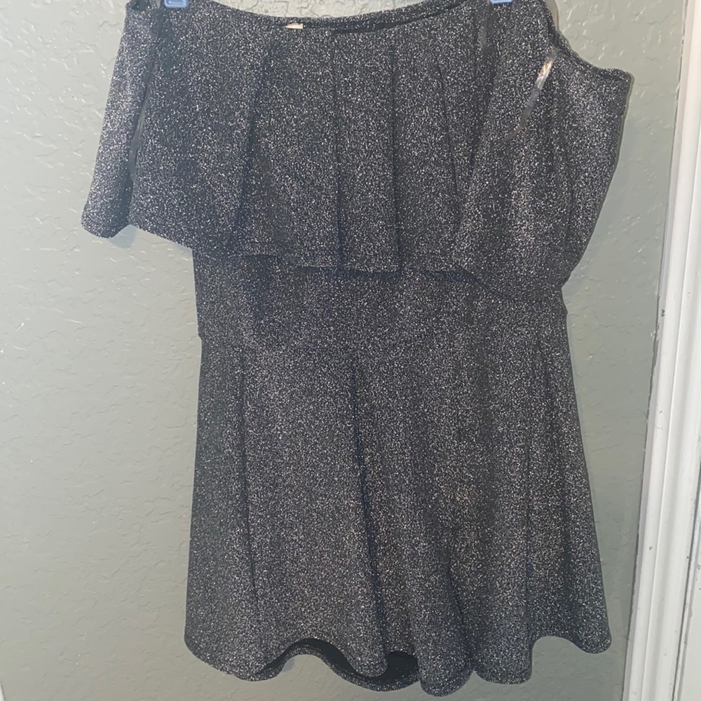 Off the shoulder grey/silver sequins romper